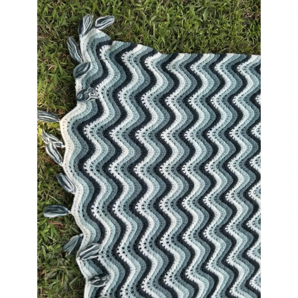 Vintage Crochet Knit Afghan Throw Blanket Multicolor Green White Striped 55
